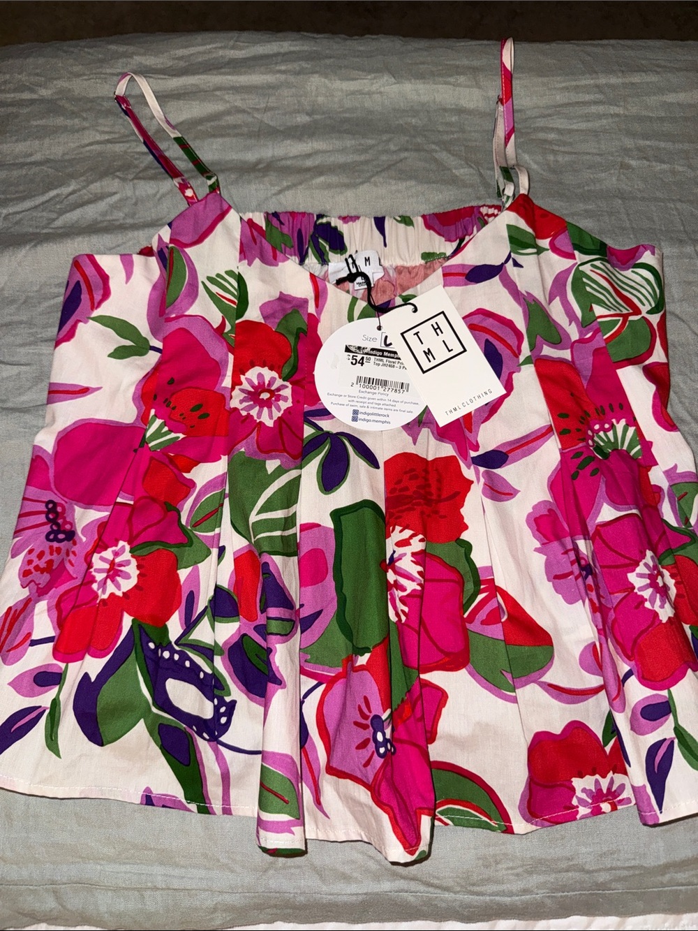 THML Pink Red Green Floral Spaghetti-Strap Top
